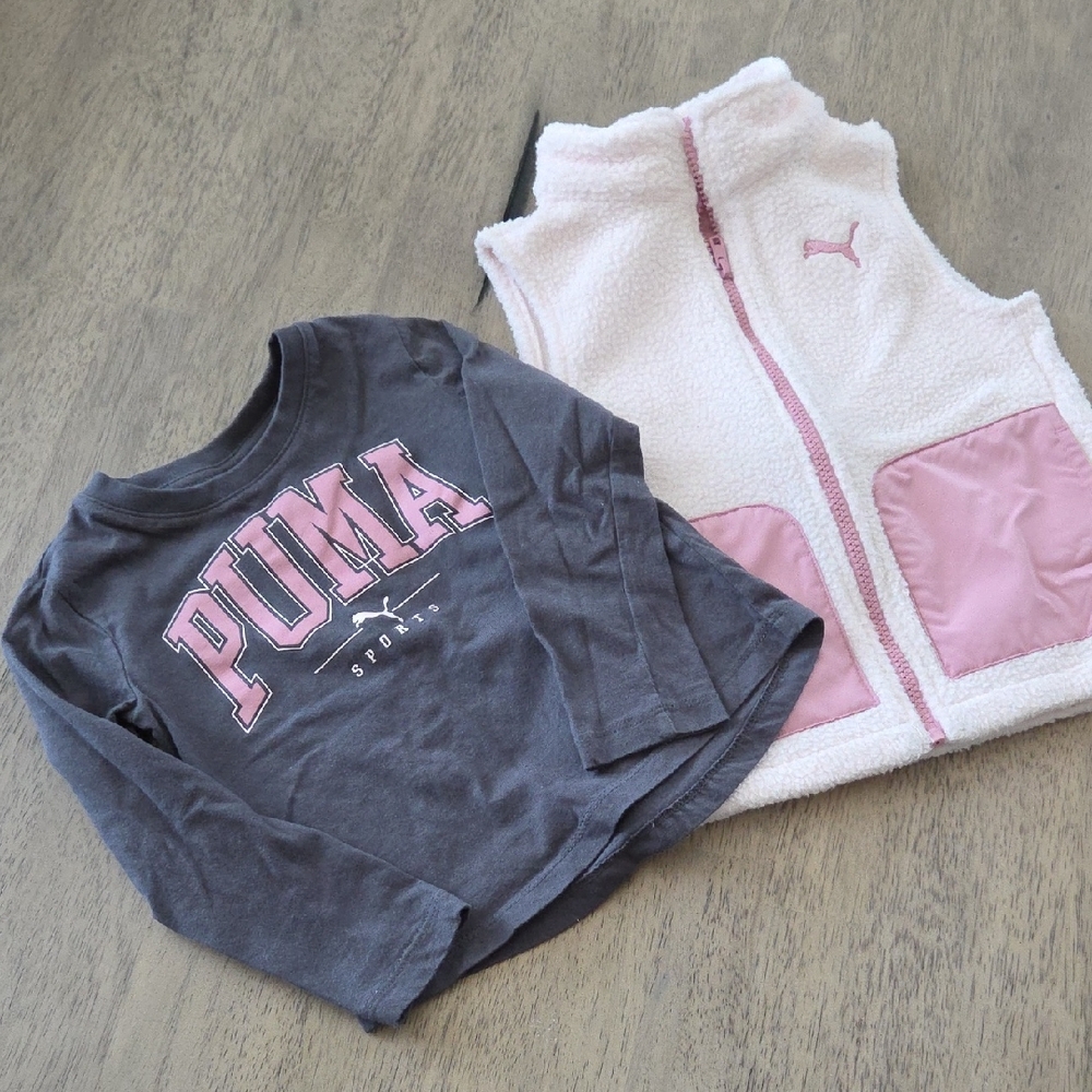 Puma Gray Long Sleeve Top with Pink Accents & White Sherpa Vest